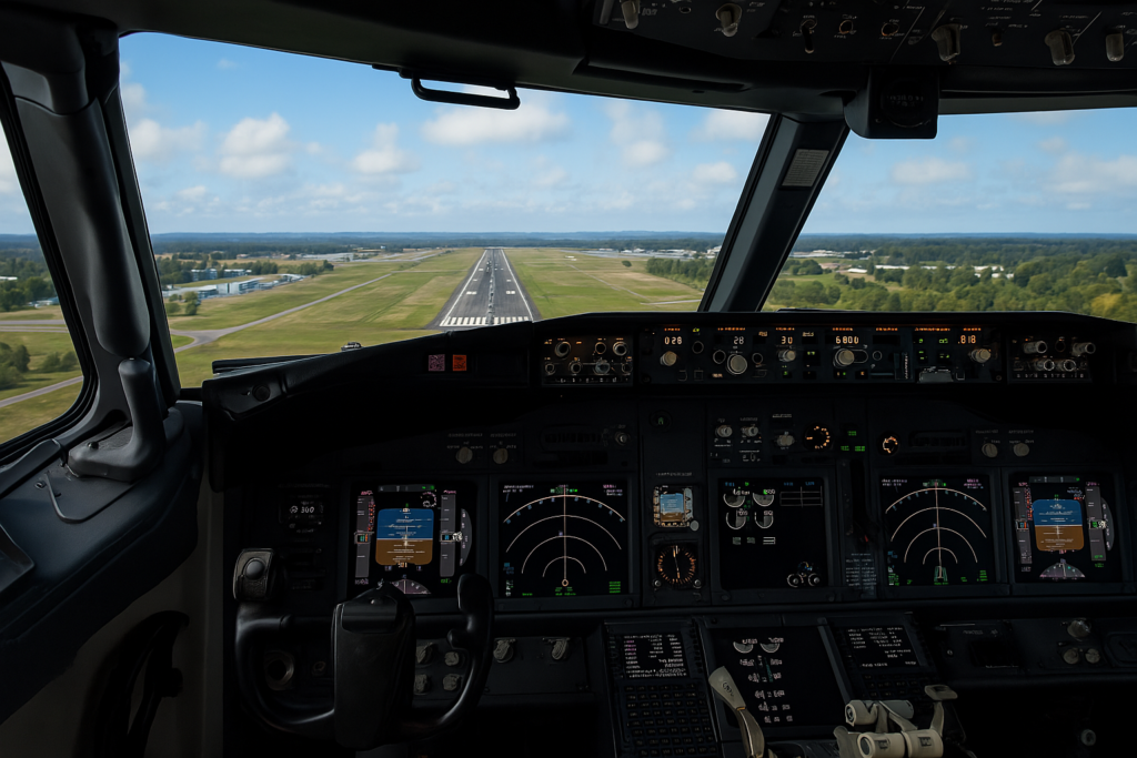 Flight simulator cockpit during final approach with illuminated instrument panel and runway visible through the windshield.