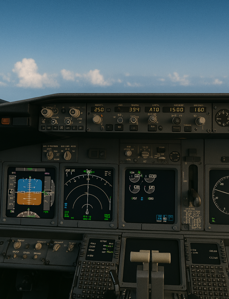 Inside a modern aircraft cockpit during a simulated climb, showing clear flight displays and navigation instruments with a bright sky visible through the windshield.