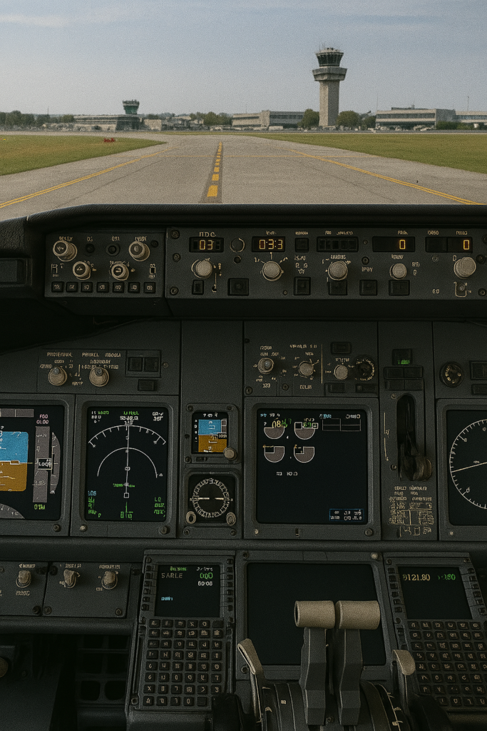 Inside a commercial aircraft cockpit on the taxiway after landing, showing detailed control panels and avionics, with a view of the airport control tower and taxi markings through the windshield.