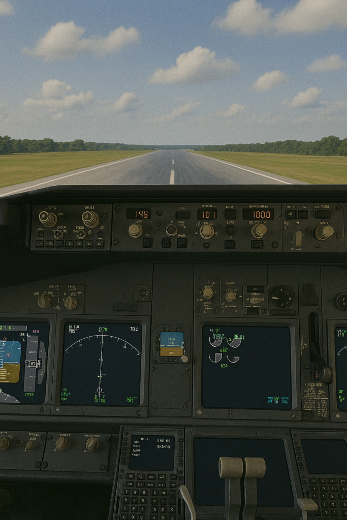  A cockpit view just after rotation during takeoff, with the nose slightly lifted above the runway and bright skies ahead, showing detailed flight instruments and forward motion.