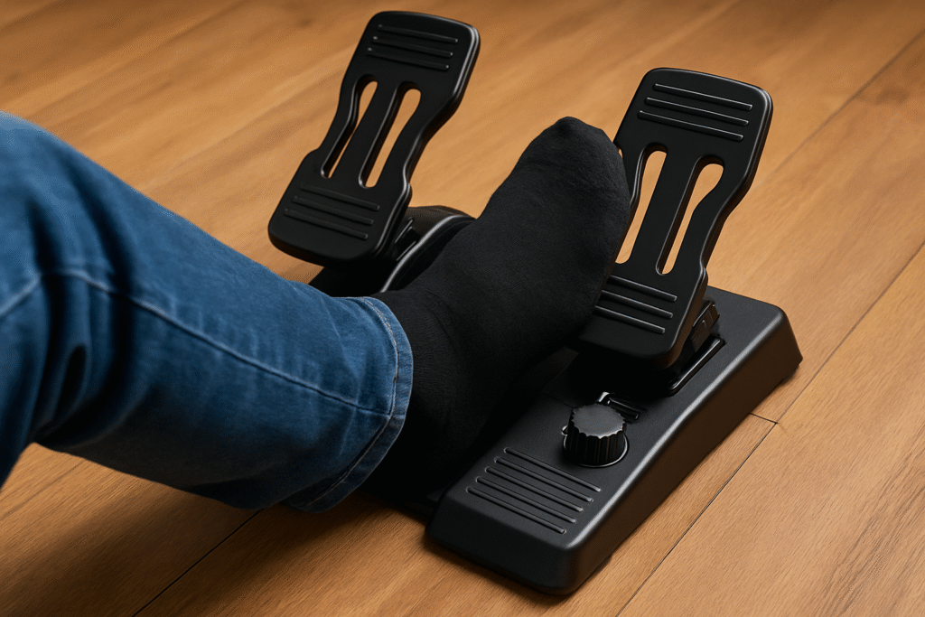 A person pressing a black flight simulator rudder pedal with their foot while seated on a wooden floor.