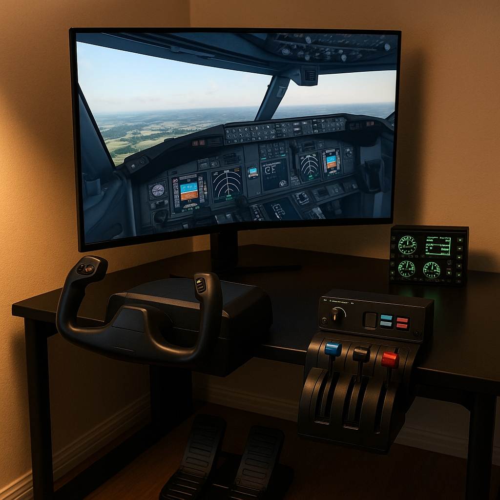 Complete home flight simulator setup featuring a curved monitor, yoke, throttle quadrant, rudder pedals, and cockpit display.