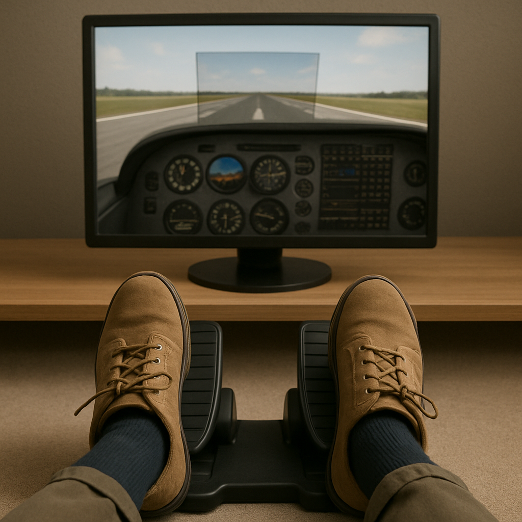 First-person view of feet on rudder pedals placed on the floor, facing a flight simulator screen on a wooden desk showing a runway.