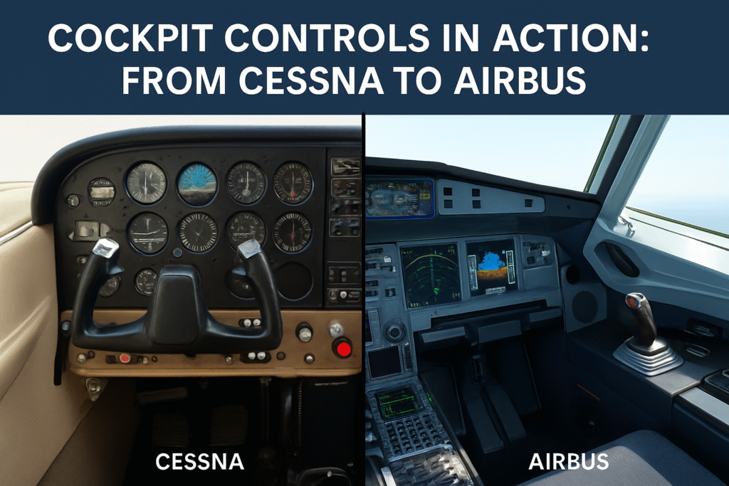 Split image showing a Cessna cockpit with a yoke and an Airbus cockpit with a joystick near the side window.