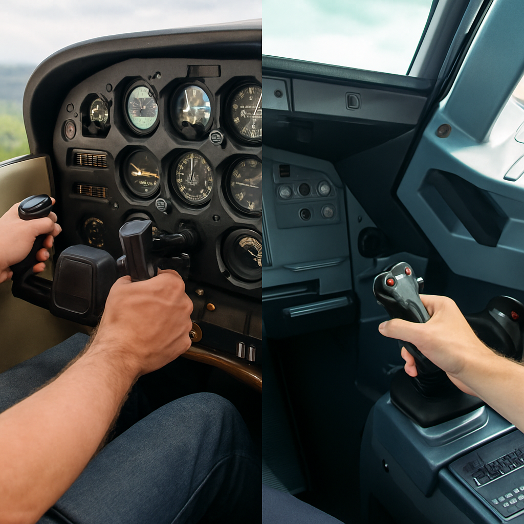 Side-by-side cockpit view showing hands on a yoke and on a joystick near an aircraft window, highlighting different control mechanics.