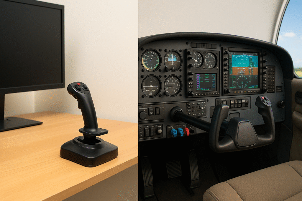 Side-by-side comparison of a simple desktop joystick setup and a full cockpit yoke setup, illustrating different space needs.