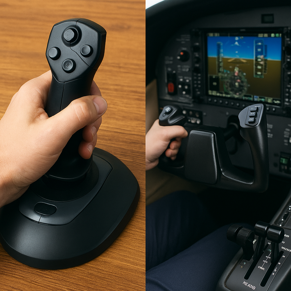 Side-by-side view of a joystick with multiple buttons and a yoke setup with throttle quadrant, highlighting control layout differences.
