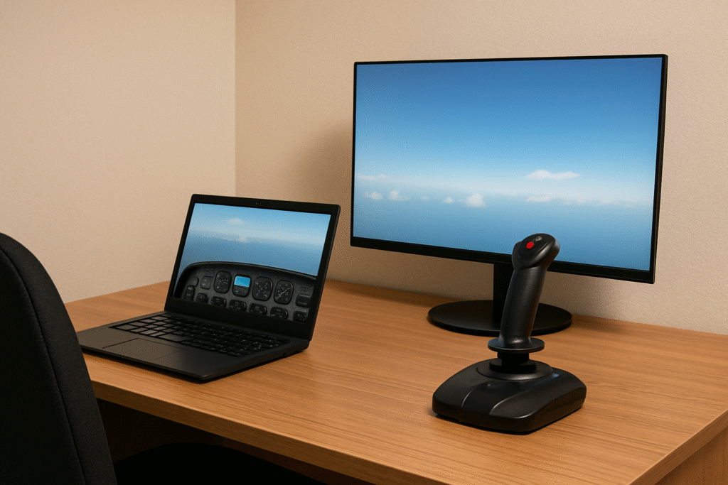 A minimal home flight sim setup featuring a joystick and laptop, perfect for a budget-friendly cockpit start.