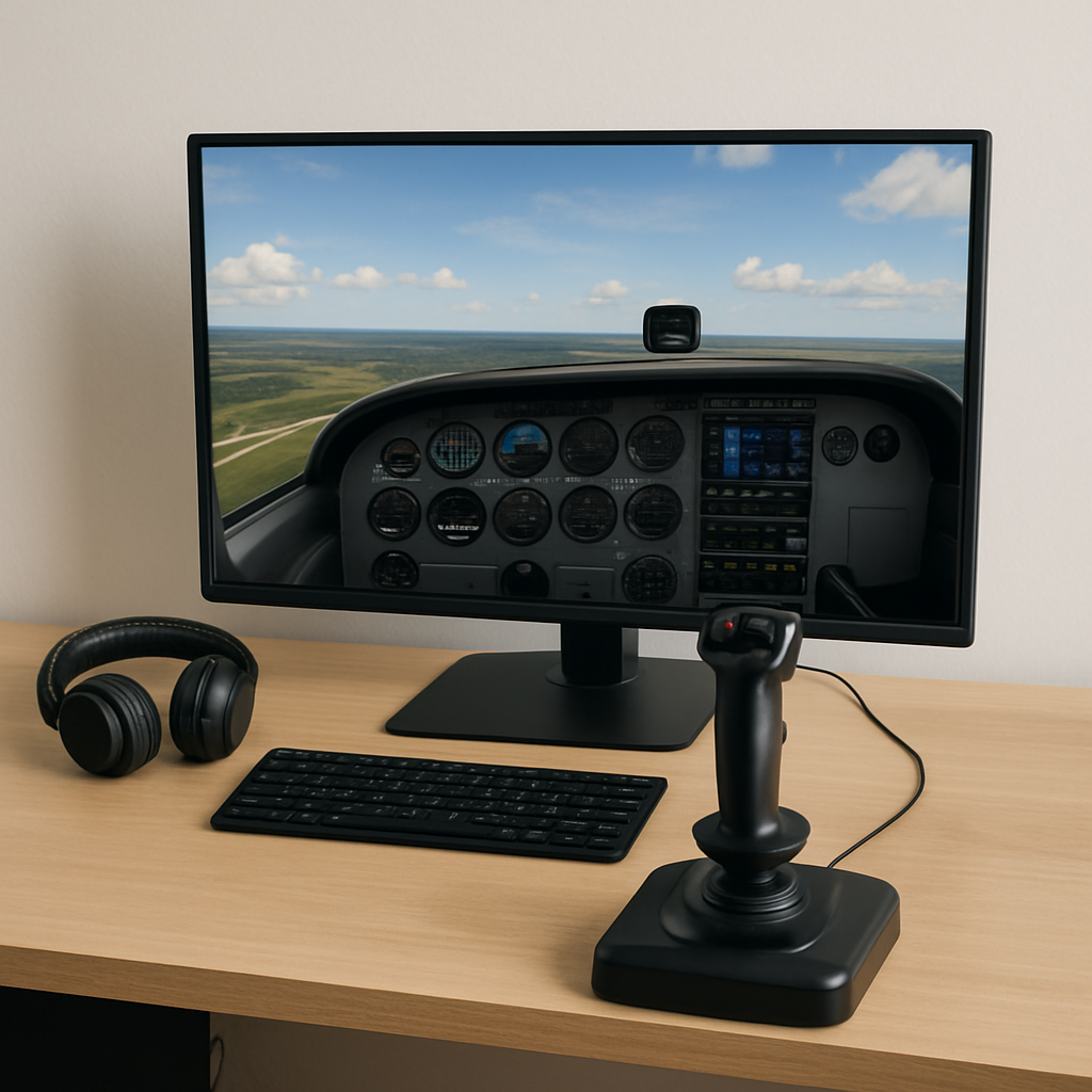 A simple flight simulation setup featuring one monitor and a joystick on a desk, ideal for beginners starting on a budget.
