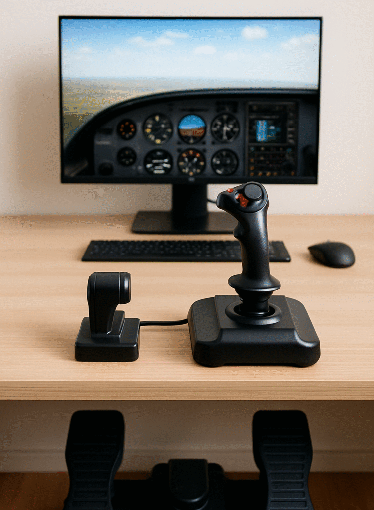Essential flight simulator controls including a joystick and rudder pedals arranged on a desktop, highlighting core components of a DIY cockpit.