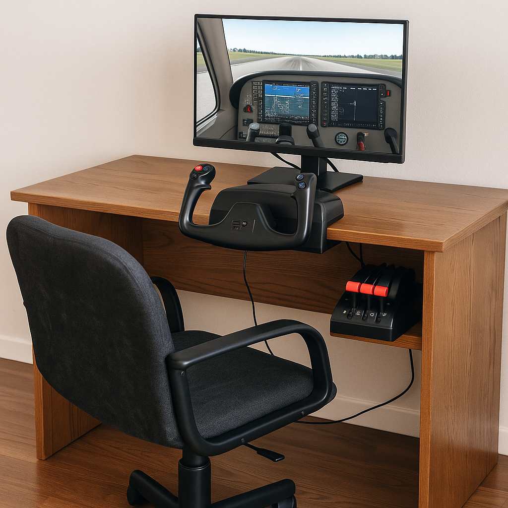 A DIY flight simulator setup using repurposed furniture, including a wooden desk and office chair adapted for cockpit controls.