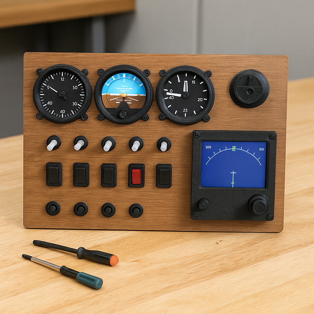 A homemade flight simulator instrument panel built with basic materials like wood or 3D-printed parts, reflecting a DIY cockpit project.