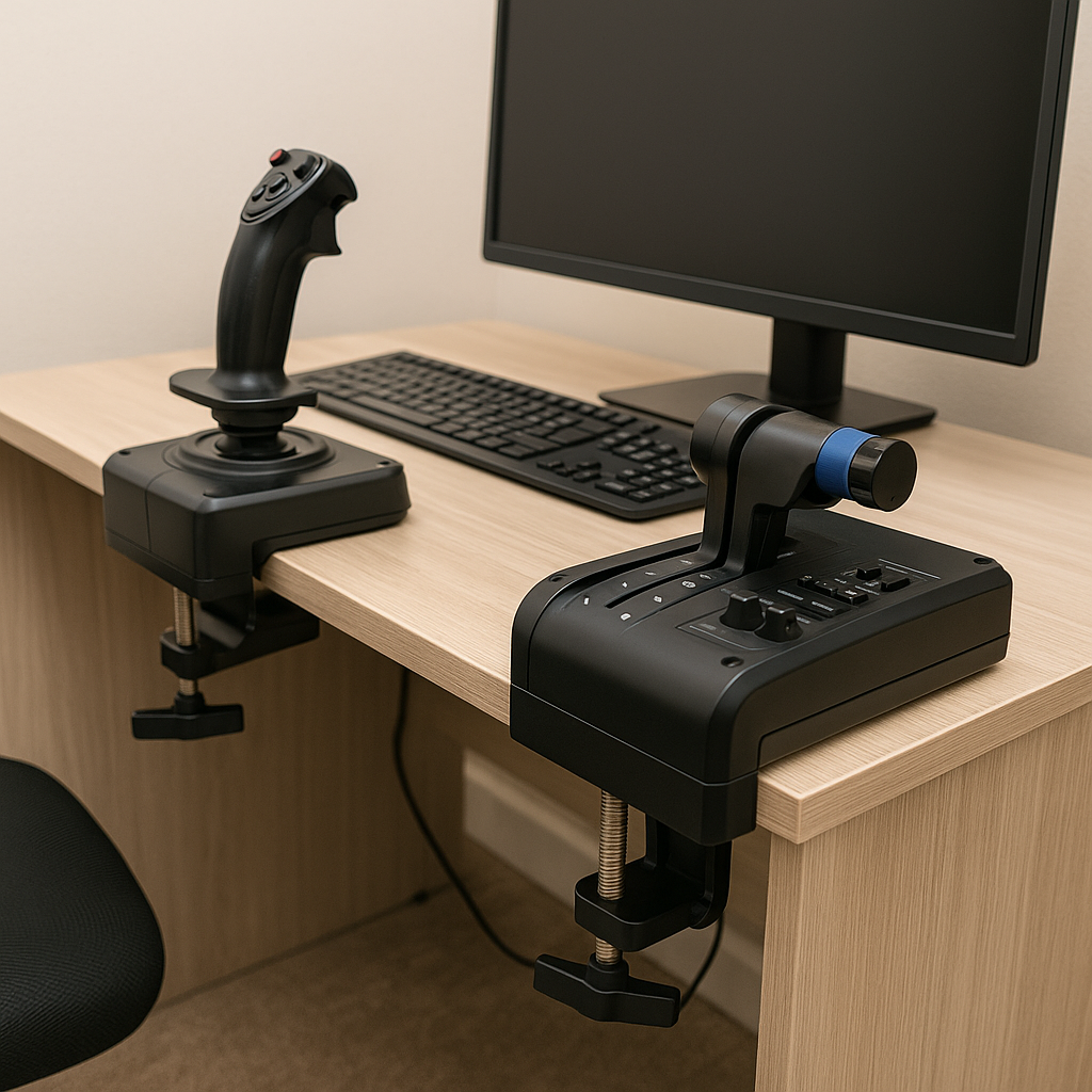 Flight simulator controls mounted to a desk using modular mounting solutions, highlighting a space-efficient and adjustable setup.