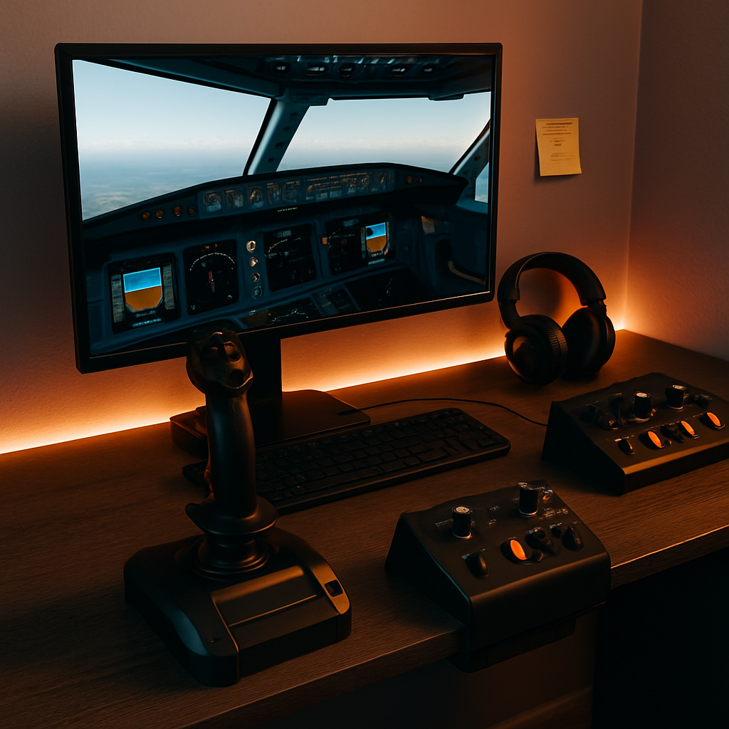 An advanced home flight simulator setup featuring enhanced lighting, control accessories, and a personalized layout for immersive realism.