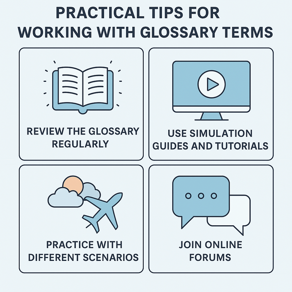A modern infographic-style illustration visually representing tips for applying flight simulator glossary terms in practice.