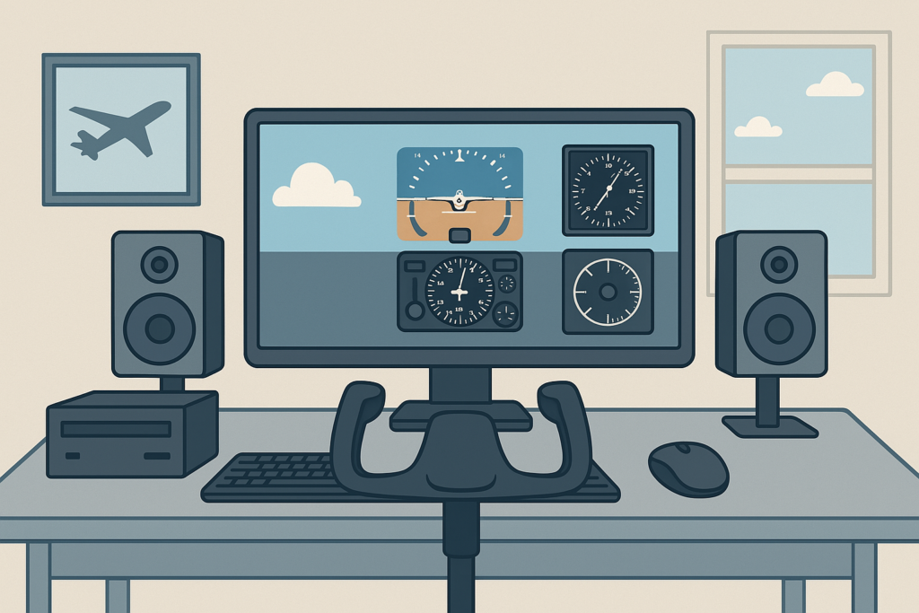  A tidy desk setup with a monitor showing a flight simulator, accompanied by basic flight controls like a yoke and throttle.