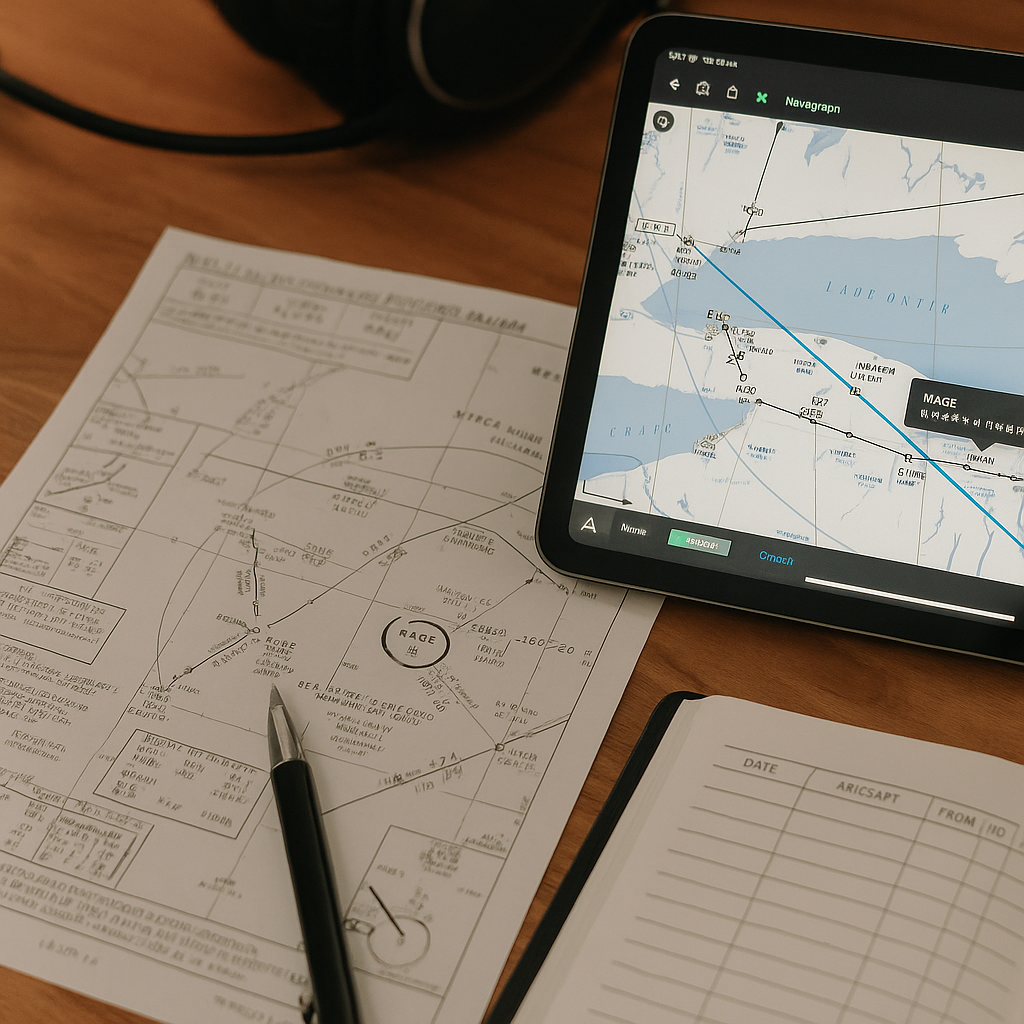 Realistic scene showing flight planning tools including navigation charts, route planning software, and waypoints for simulated IFR flight.