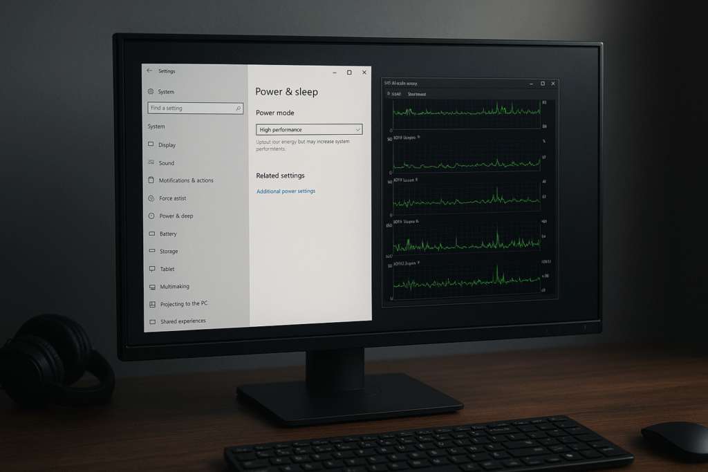 A computer monitor showing Windows "Power & Sleep" settings set to High Performance, alongside real-time system performance graphs from a monitoring tool, with a keyboard, mouse, and headphones on a wooden desk.