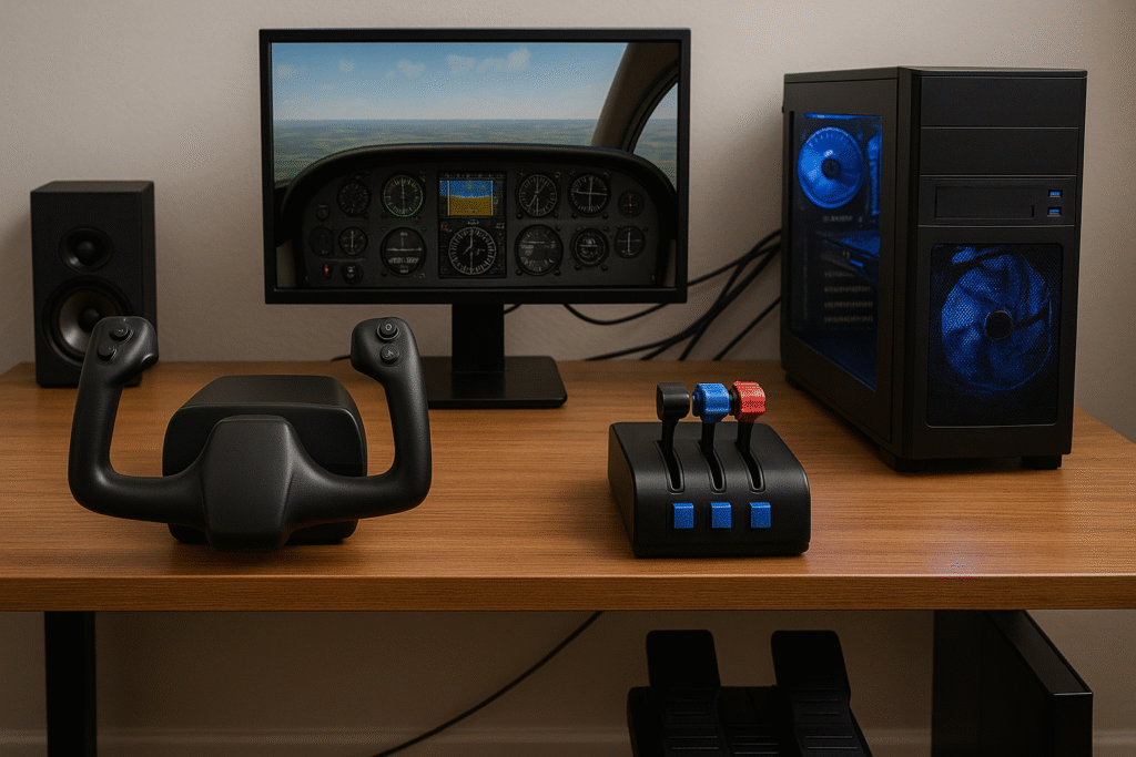 Full desktop flight simulator setup in controlled indoor environment showing influence of ambient storage and lighting.