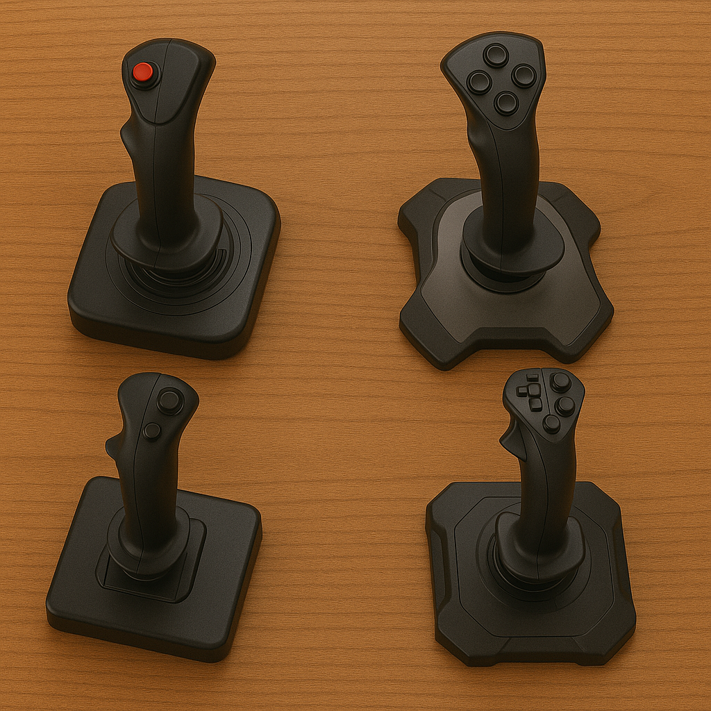 Four different flight simulator joysticks arranged on a wooden surface for realistic flying experience comparison