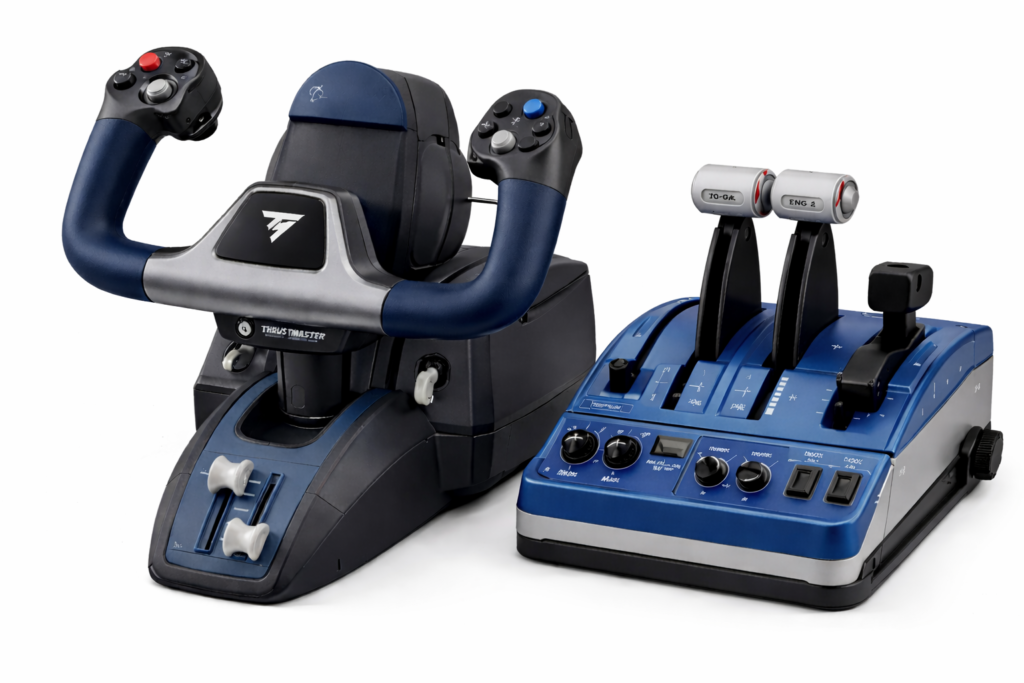 Boeing-style flight simulator yoke with dual handles and matching throttle quadrant.