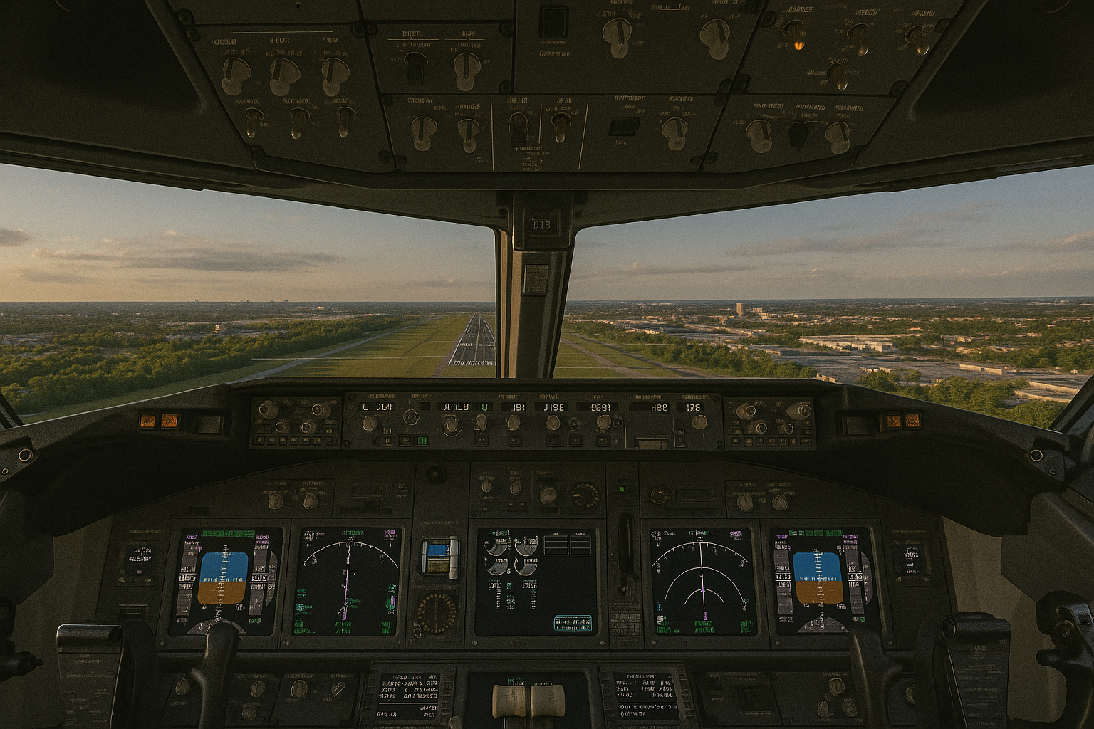 Boeing cockpit view on final approach with runway in sight during flight simulation