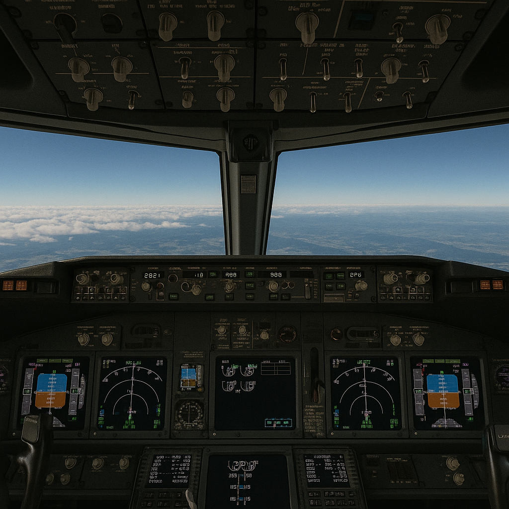 Boeing cockpit view during climb phase with altitude management instruments visible