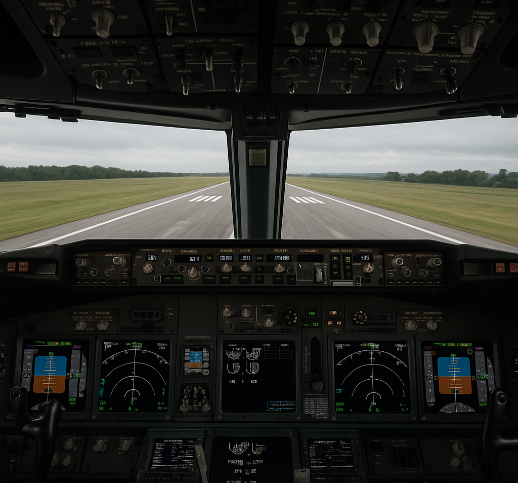 Boeing cockpit view during rotation and lift-off in a flight simulator
