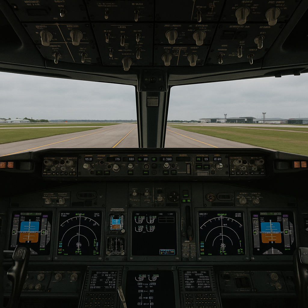 Boeing cockpit view during post-landing taxi and ground control procedures in a flight simulator
