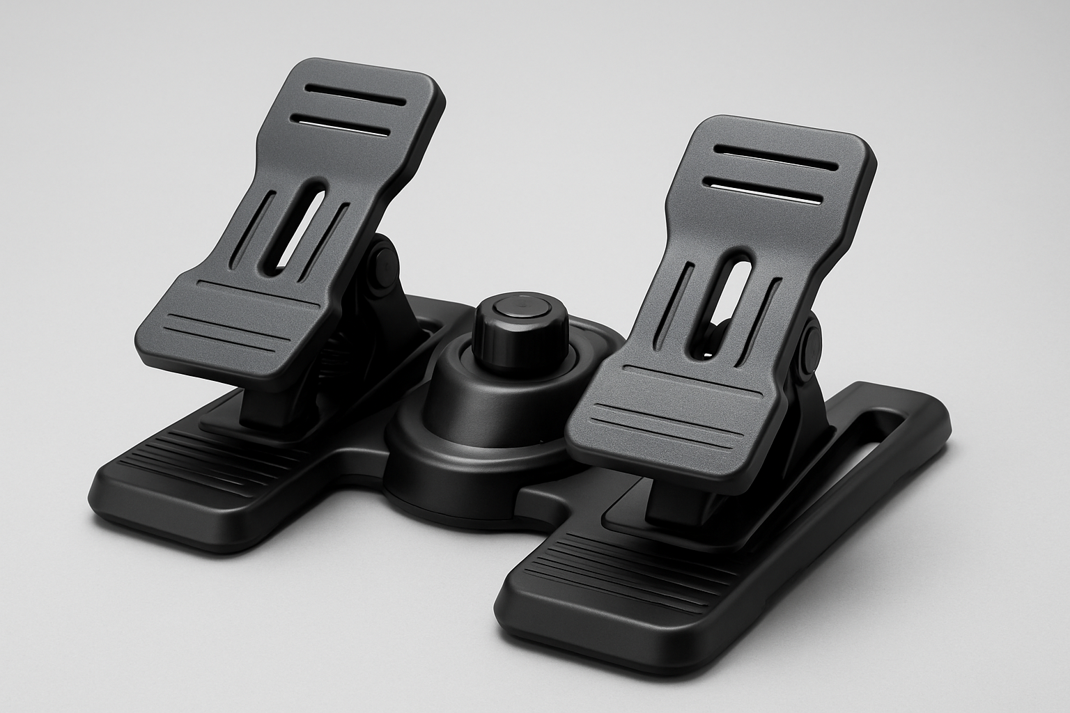 Close-up of flight simulator rudder pedals showing a modern, adjustable design with tension control knob.