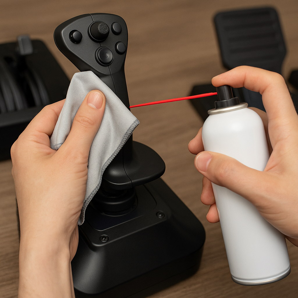 Person cleaning a flight simulator joystick using a microfiber cloth and compressed air