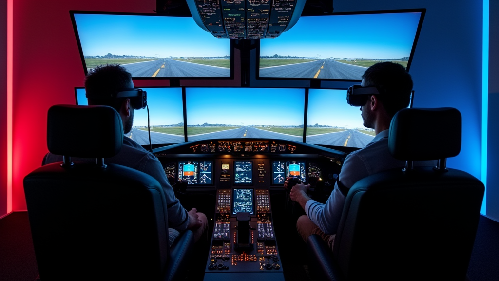 Two individuals using a dual-screen virtual reality flight simulator setup with realistic cockpit instruments