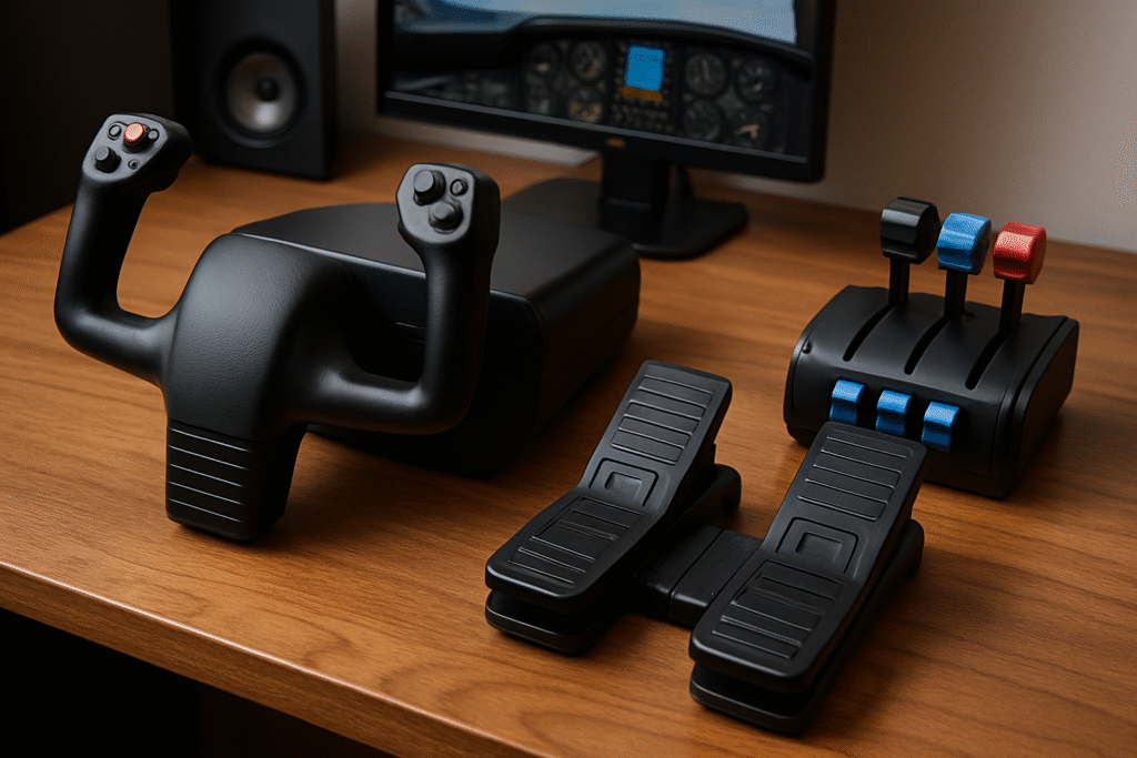 Flight simulator setup showing yoke, rudder pedals, throttle quadrant, and monitor for firmware and software update discussion.