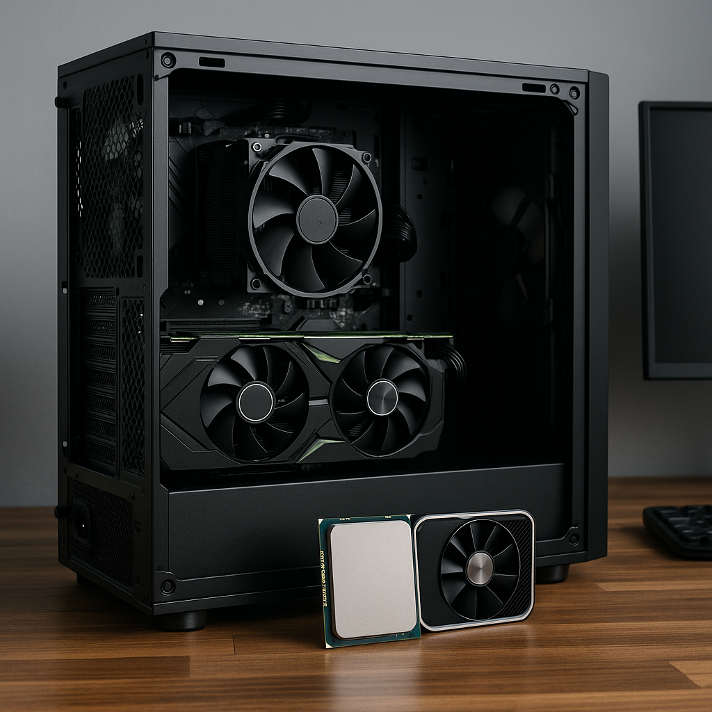 Open desktop PC case with visible GPU and CPU components on a wooden desk