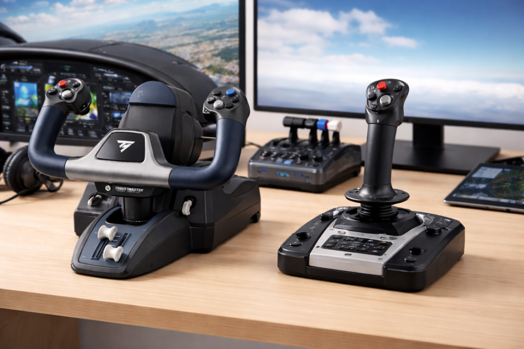 A high-quality comparison image showing a flight simulator yoke and joystick side by side, illustrating the differences between traditional yoke controls and joystick setups for virtual aviation.