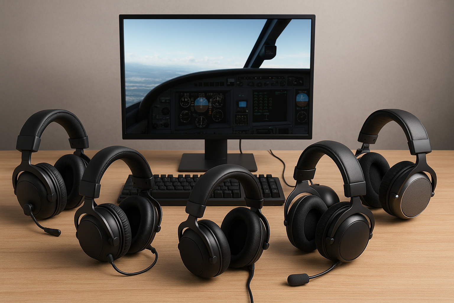A collection of high-performance flight simulation headsets placed beside a yoke and monitor in a cockpit-style setup