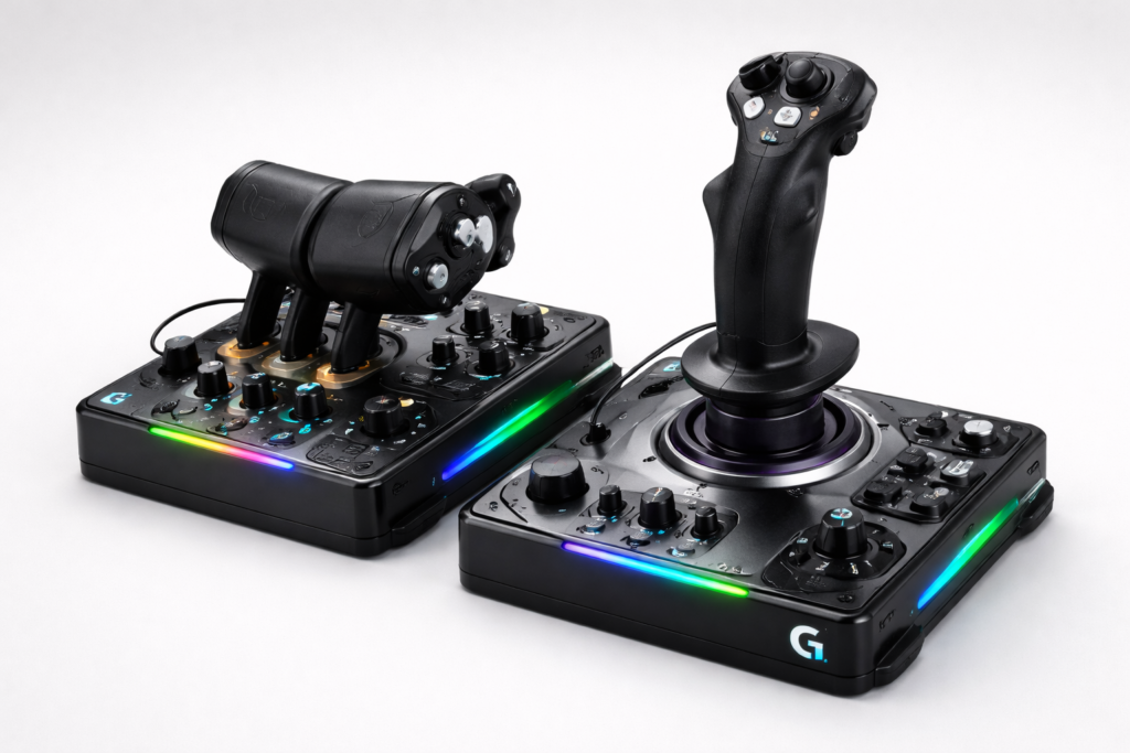 Logitech G X56 HOTAS RGB joystick and throttle flight simulator system on a clean background.