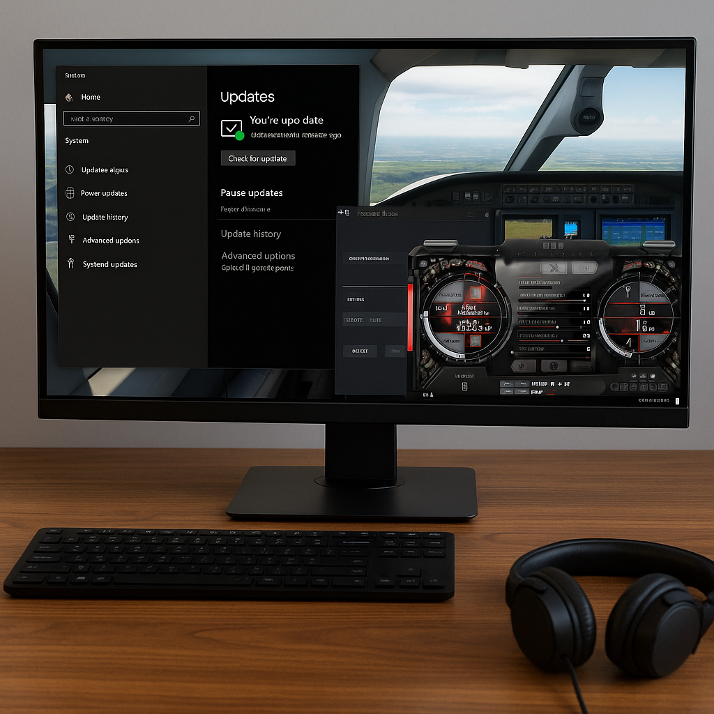Windows update panel with a flight simulator and add-ons on screen
