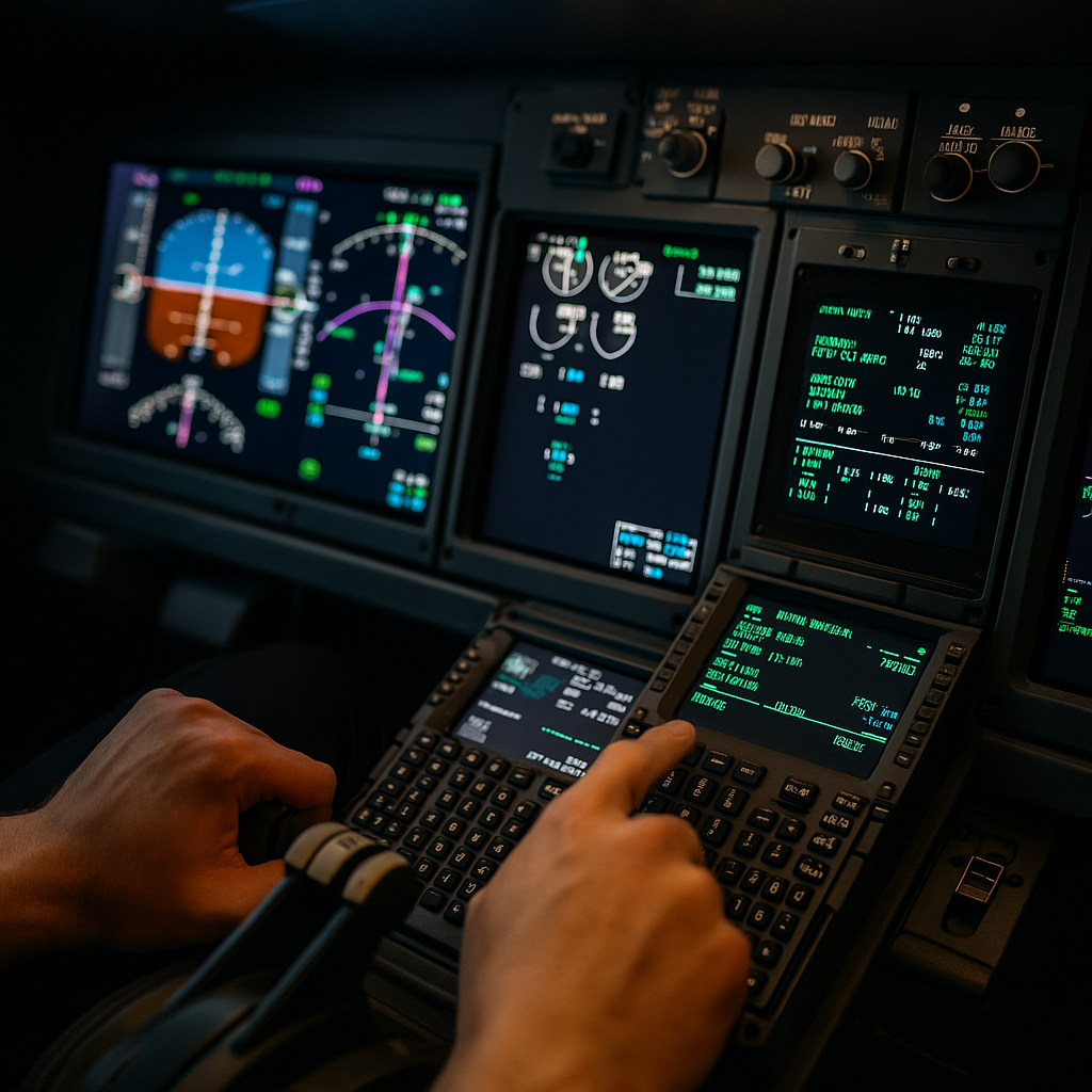  Pilot entering data into flight management system panel