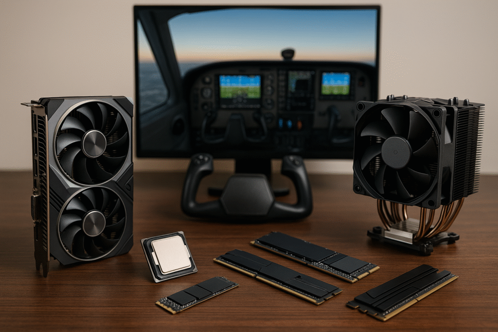 High-end flight sim PC components including CPU, GPU, RAM, cooler, and yoke with flight display