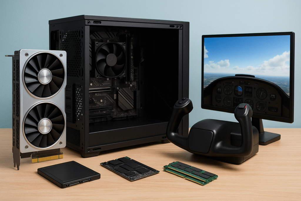 PC components with yoke and monitor running a flight simulator setup