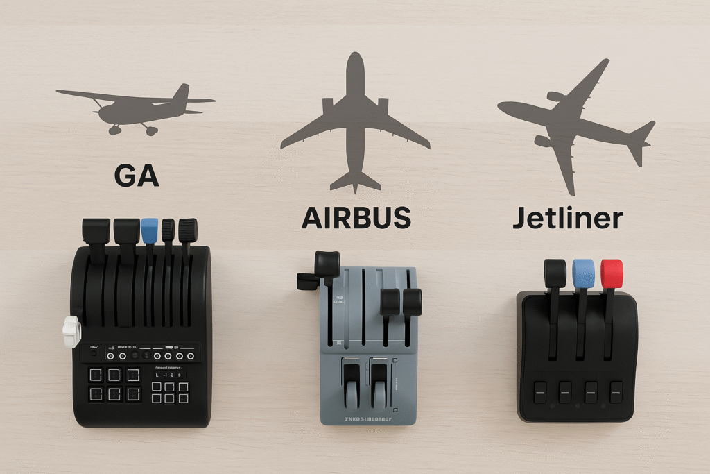 Throttle quadrant models labeled for General Aviation, Airbus, and Jetliner aircraft