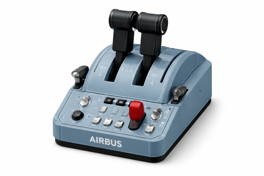 Thrustmaster TCA Quadrant Airbus Edition throttle quadrant with dual levers and Airbus-style controls for flight simulation