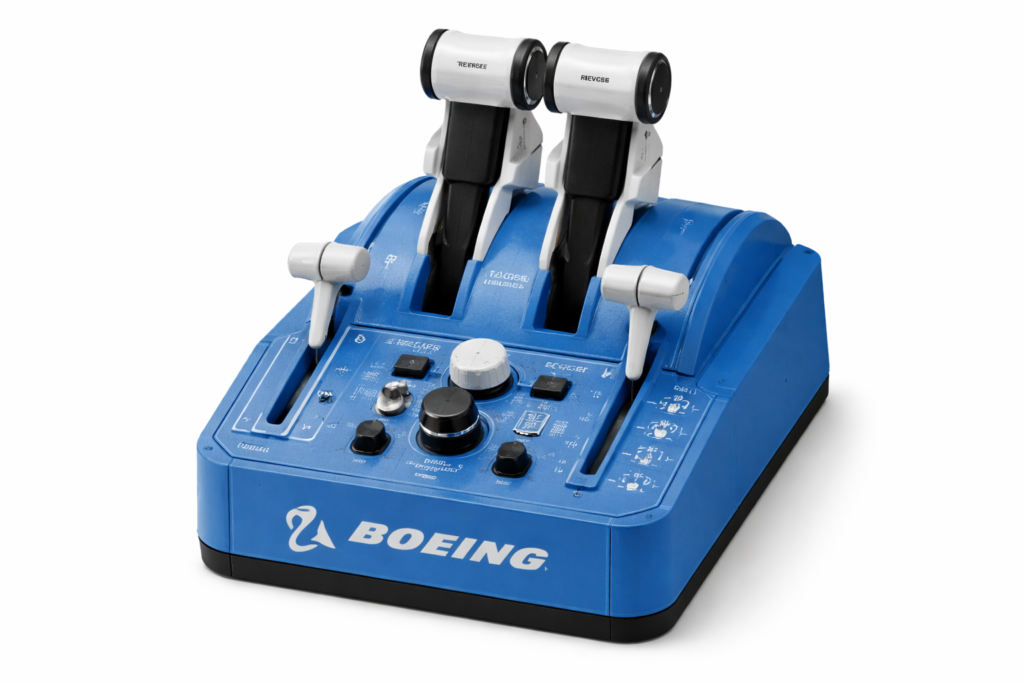 Thrustmaster TCA Quadrant Boeing Edition throttle quadrant with dual levers and Boeing-style controls for flight simulation