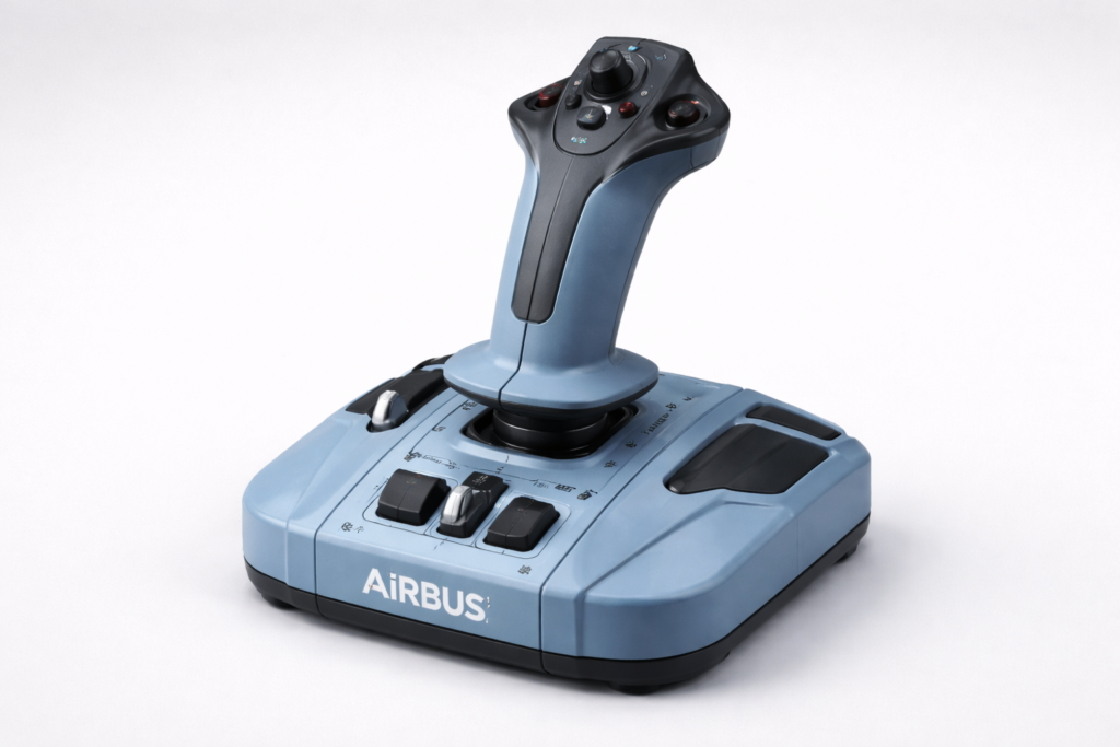 Thrustmaster TCA Sidestick Airbus Edition flight simulator joystick on a clean background