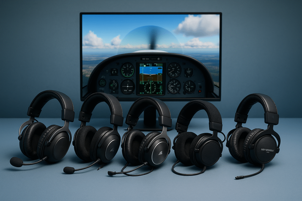 Five premium over-ear headsets placed beside a flight simulation PC setup, showcasing immersive gear for virtual pilots