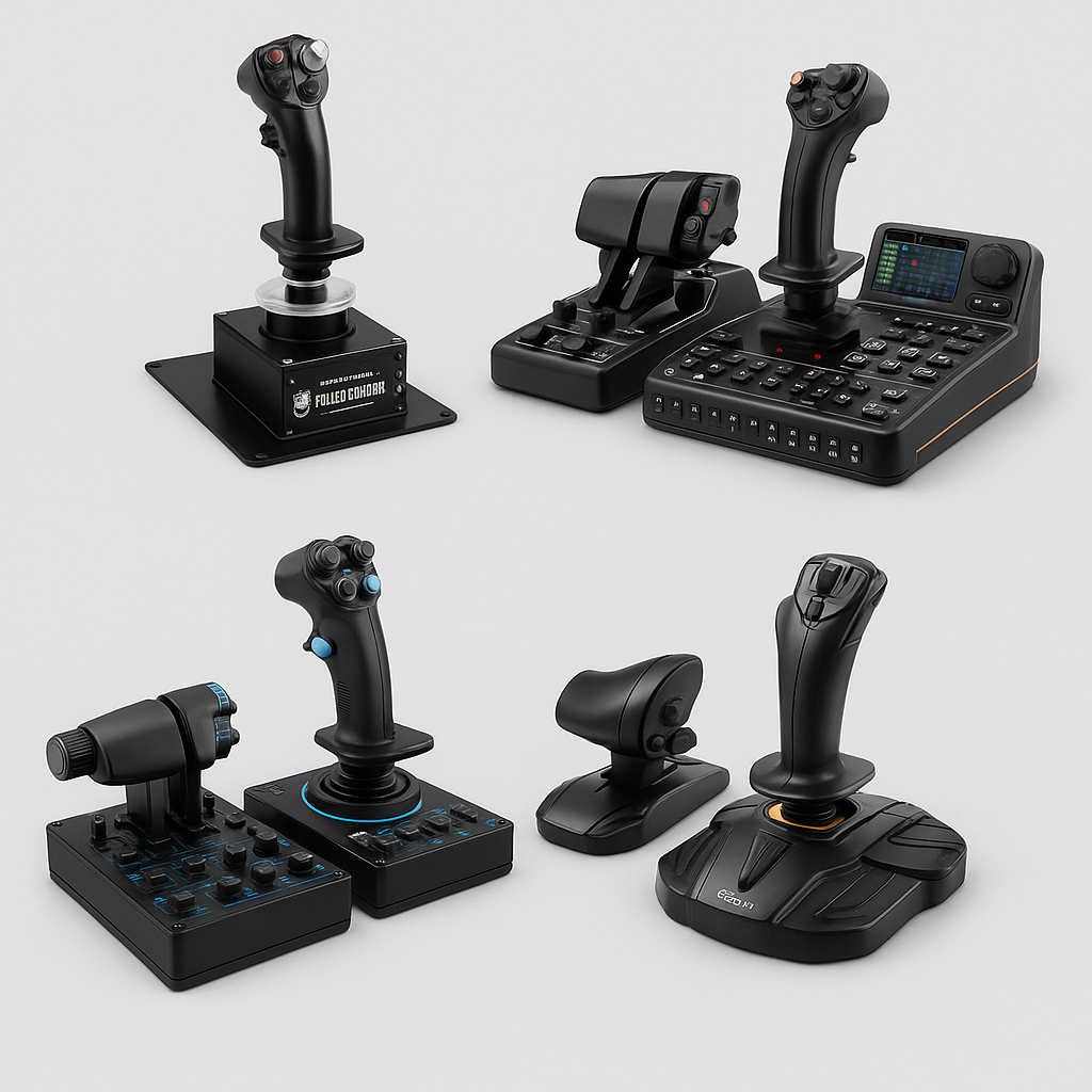 Multiple types of flight simulator joysticks and throttles arranged against a white background