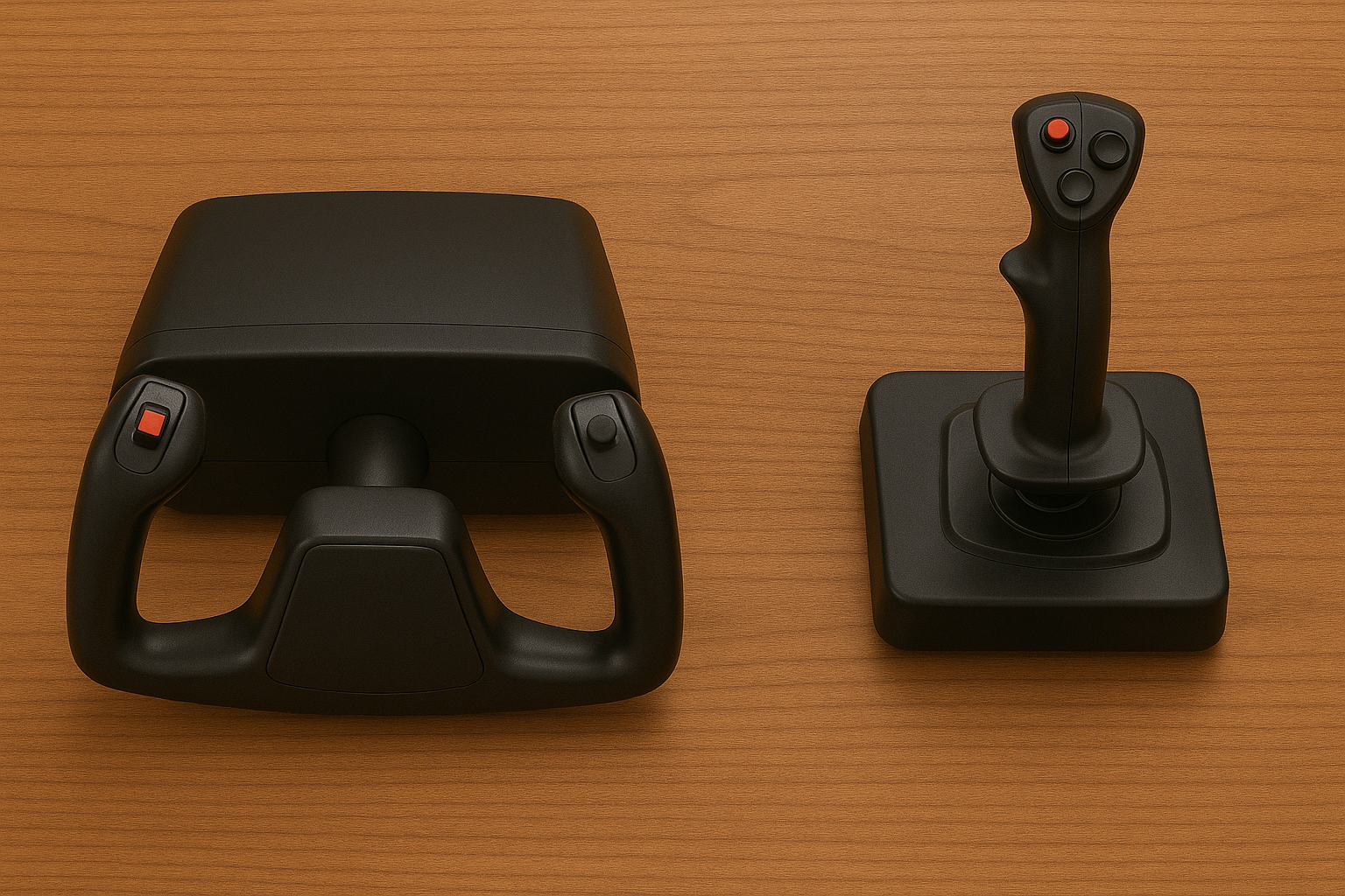 Side-by-side comparison of a yoke control and a joystick on a wooden surface, showing their design differences