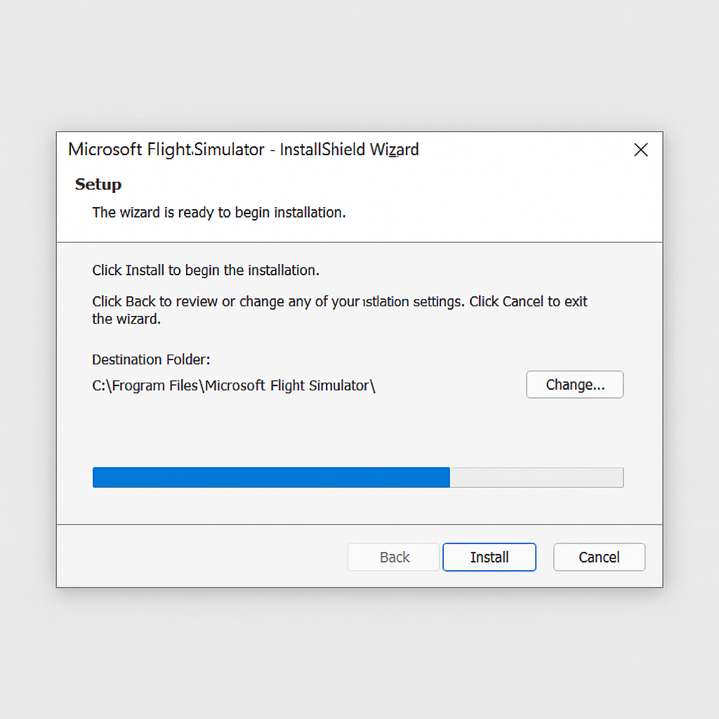 Screenshot showing Microsoft Flight Simulator installation window with progress bar and install options on Windows.