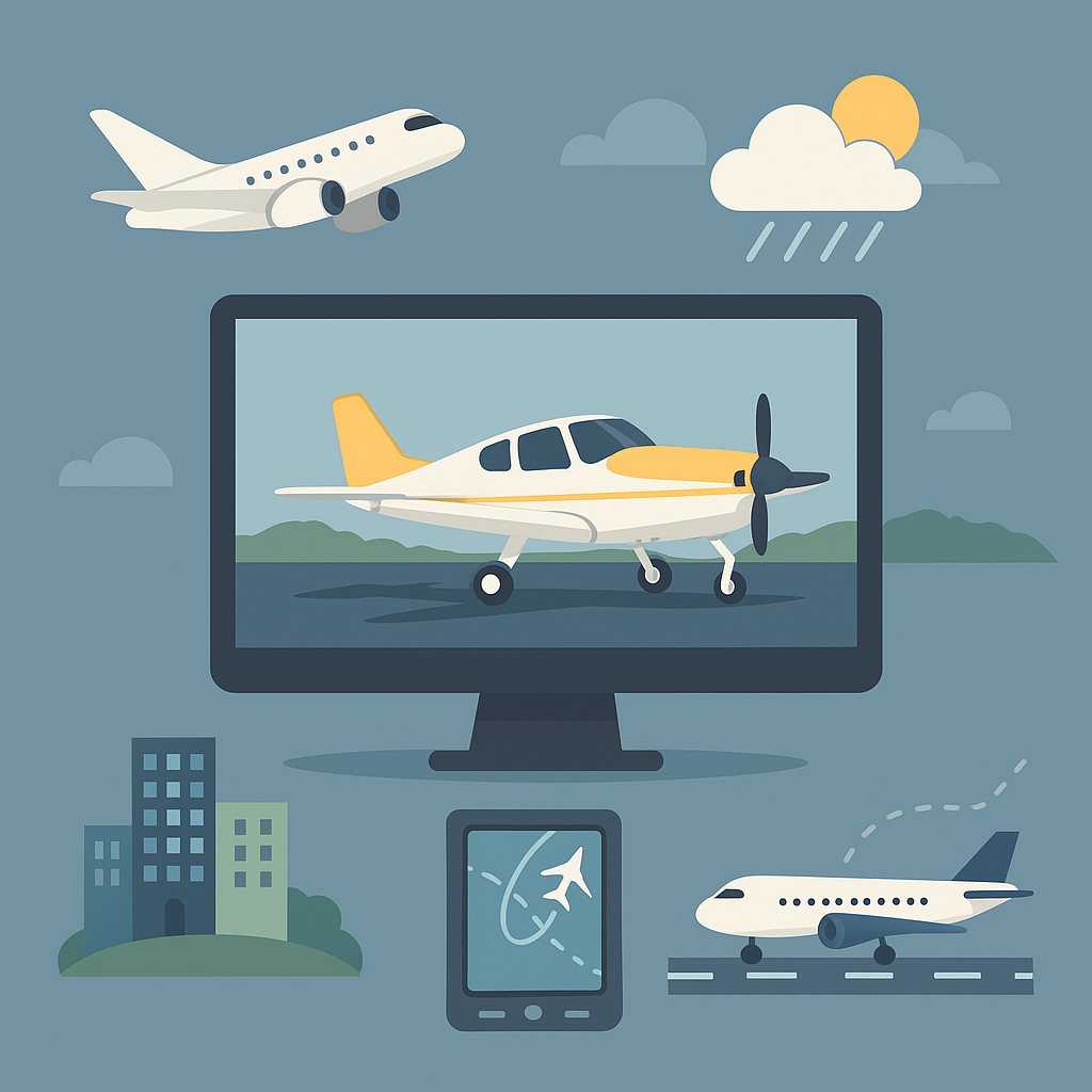 Illustrated flight sim add-ons concept with aircraft, weather, and screen